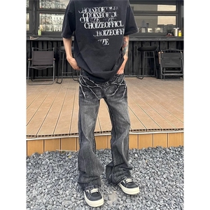 水洗闪电纹牛仔裤男女款ins潮牌高街显瘦微喇叭裤子NA199图片