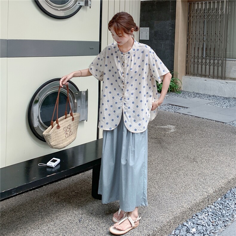 蓝色波点衬衫阔腿裤套装女夏2025新款日系两件套小个子流行超火,女装套装/套裙,2C201