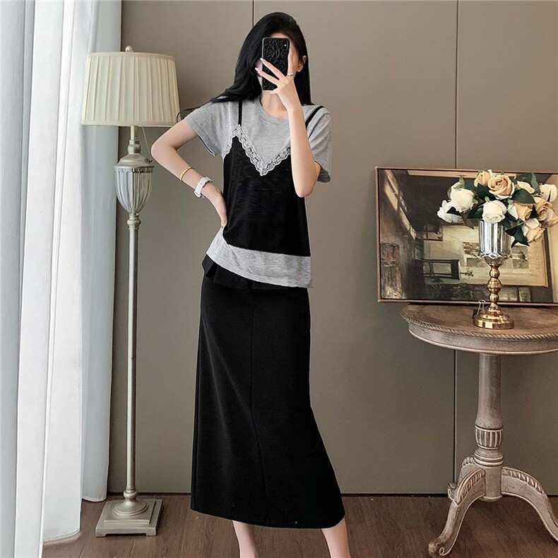 韩版休闲时尚运动套装女夏款蕾丝吊带拼接上衣开叉半身长裙两件套,女装套装/套裙,江南
