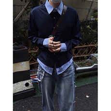 现货蓝色格子拼接翻领长袖上衣情侣款男女假两件衬衫CX03-TP45，男装衬衫，星座910A