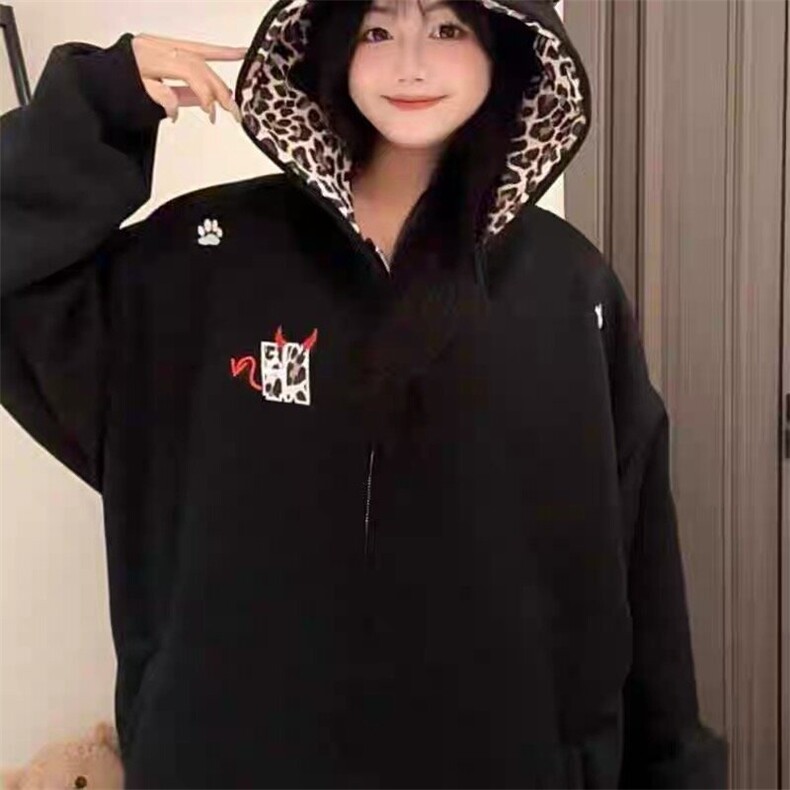 美式复古小恶魔豹纹连帽拉链卫衣男女春秋冬情侣开衫刺绣运动外套,女装短外套,星座506A