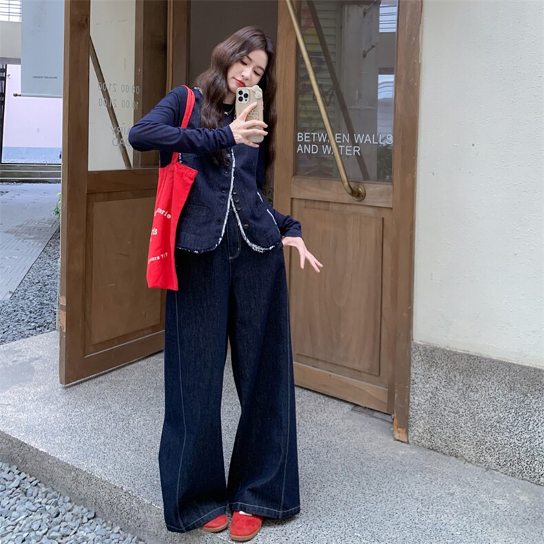 初秋穿搭无袖马甲阔腿裤牛仔套装女春秋季2025新款高级感洋气时尚,女装套装/套裙,2D076