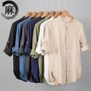 风纯色棉麻大码衬衣男士休闲长袖立领复古盘扣衬衫 M107-P50图片