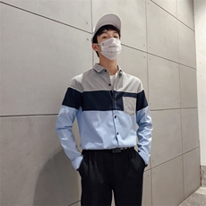 韩版新款男士撞色衬衫条纹拼接休闲装长袖衬衣228-CS43-P40，男装衬衫，星座228