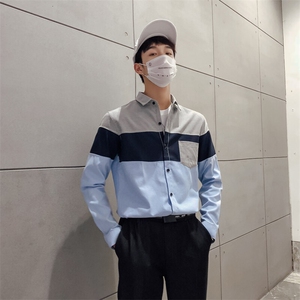 韩版新款男士撞色衬衫条纹拼接休闲装长袖衬衣228-CS43-P40图片