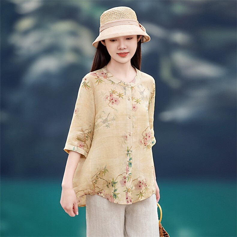2026年春季女短袖宽松亲肤透气苎麻常规，女装衬衫，江南依恋