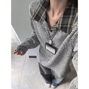 W55-P45 日系复古细格纹长袖衬衫男女春秋慵懒风宽松简约休闲图片
