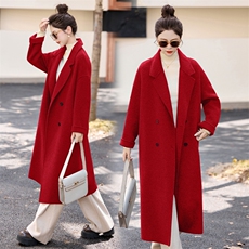 2024新款冬季双面羊绒大衣中长款保暖手工缝制羊毛翻领大衣外套，女装羊绒大衣，贵人树