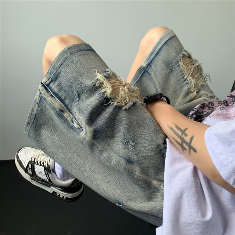美式高街水洗破洞牛仔短裤男直筒宽松潮牌ins五分裤夏季80511-p40图片