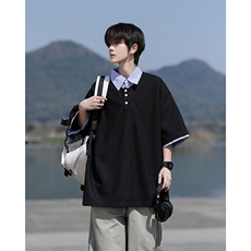 8XL-M假两件衬衫领短袖T恤大码夏季条纹拼接polo衫半袖DX1211/P45，男装T恤，电商B238