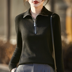 2026年秋季时尚百搭通勤百搭通勤休闲百纳拉链翻领，女装羊毛衫，凯思米羊绒