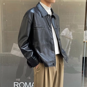 复古宽松短款PU皮衣外套男痞帅上衣春秋季翻领机车休闲夹克 JKA15图片