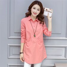 长袖排多扣中长款直筒纯色POLO领压皱口袋纯色衬衫2025年秋季，女装衬衫，风姿绰