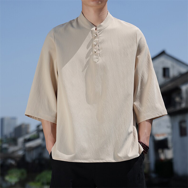 2025新款夏季风纯色立领上衣盘扣休闲T恤宽松潮流男T2505-P45图片