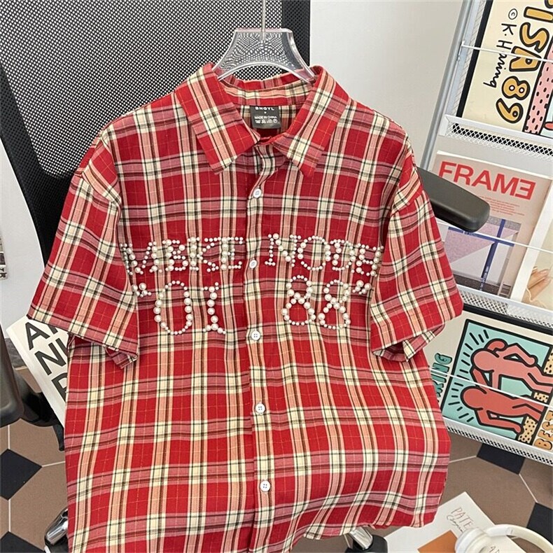 钉珠衬衫男女短袖韩版潮流格子宽松百搭2025夏ins外套CY1175-P59,男装T恤,星座412-2