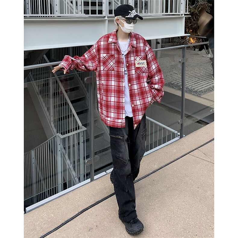 拼色设计感格子毛呢刺绣长袖衬衫男女宽松潮流春秋外套CS0011-P50,男装衬衫,星座308B-1