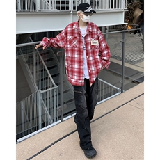 拼色设计感格子毛呢刺绣长袖衬衫男女宽松潮流春秋外套CS0011-P50，男装衬衫，星座308B-1