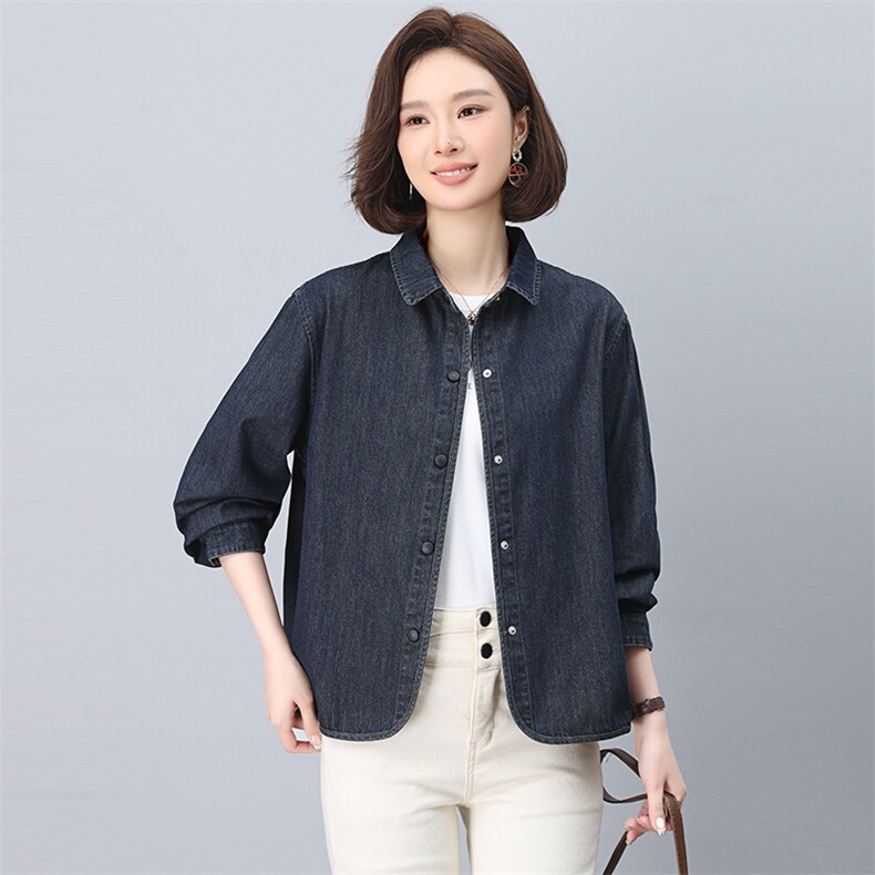 牛仔衬衫外套女春秋短款2025年新款中年妈妈宽松休闲气质翻领上衣,女装牛仔外套,悦见她
