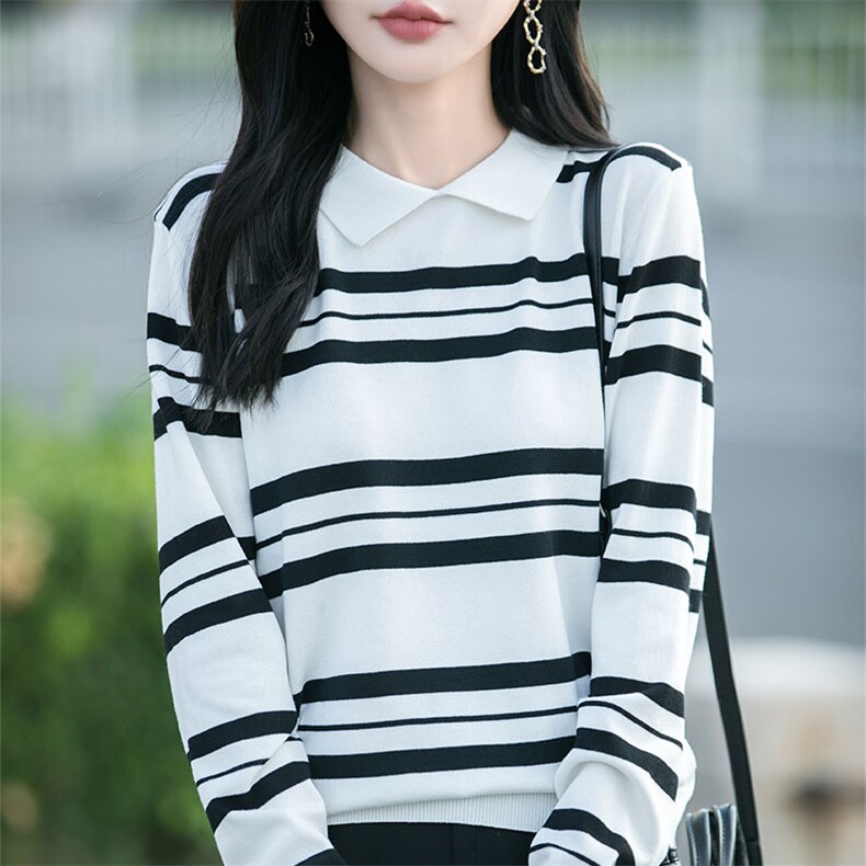 秋季新款精纺羊毛针织长袖打底衫女2025经典百搭撞色条纹polo领，女装针织衫/毛衣，萱芳婷羊绒