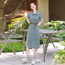 《48H发现货》韩版休闲开叉工装牛仔连衣裙，女装连衣裙，心心服饰