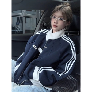 美式拼接三条杠卫衣男女款春秋季重磅潮牌百搭情侣条纹外套图片