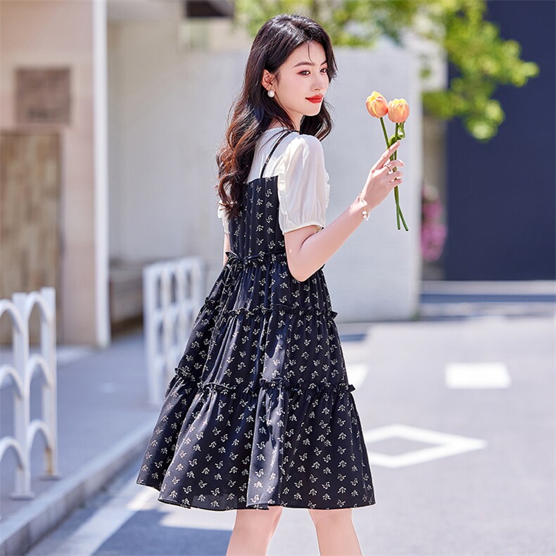 甜美减龄显瘦小个子碎花裙女夏新款轻薄a字裙泡泡袖假两件连衣裙,女装连衣裙,梦芯尔