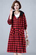 棉质红格子薄款单层连帽风衣外套女长款衬衫2025新款春秋,女装衬衫,风姿绰