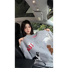 X054-P632025美式趣味小狗卡通灰色圆领针织衫开衫秋季宽松，男装针织衫/毛衣，电商B323A