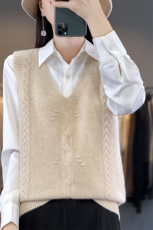 重工绞花针织羊毛衫马甲女春秋v领宽松外搭无袖坎肩宽松毛衣背心，女装马甲，恒旺羊绒