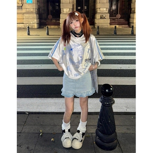 美式复古卡通少女球衣短袖T恤女宽松拼接V领休闲上衣夏 TB116图片