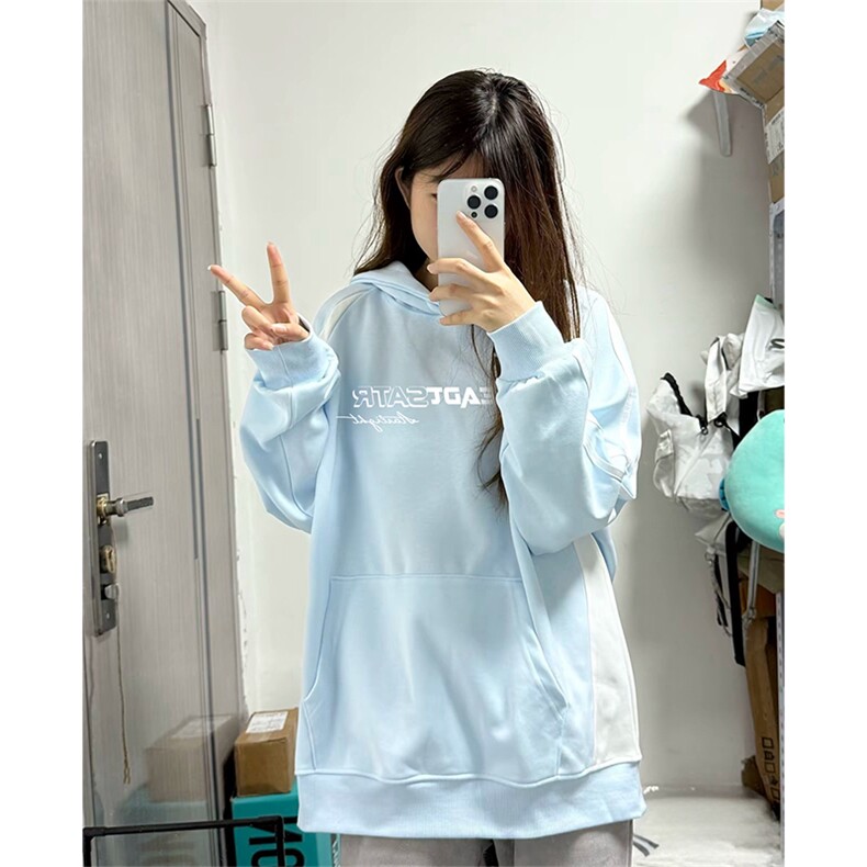 抖音得物品质美式高街宽松结构拼接撞色连帽印花卫衣外套W13306，女装短外套，电商A443