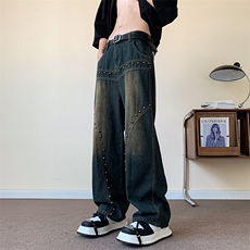 水洗复古牛仔裤美式潮牌宽松休闲阔腿微喇裤子，男装牛仔裤，星座410-7