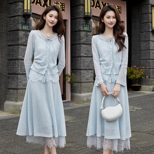 现货2026年春季新款女时尚气质优雅风通用蕾丝拼接两件套装连衣裙，女装套装/套裙，奋斗女王