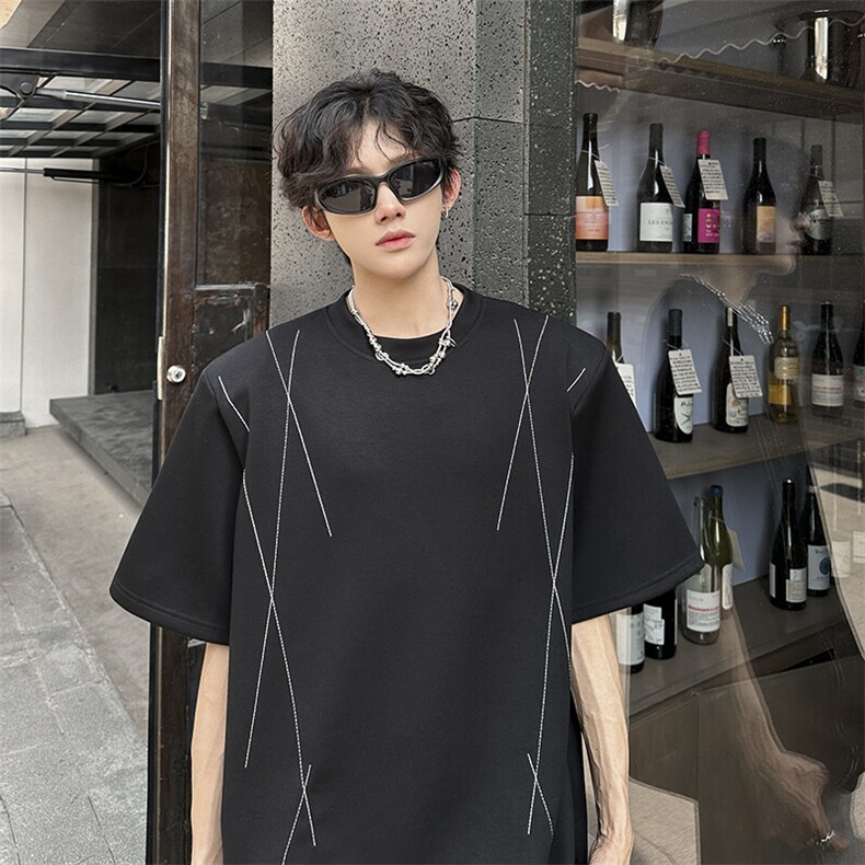 现货 垫肩设计缉明线百搭休闲潮男T恤  A071-T66-P40图片
