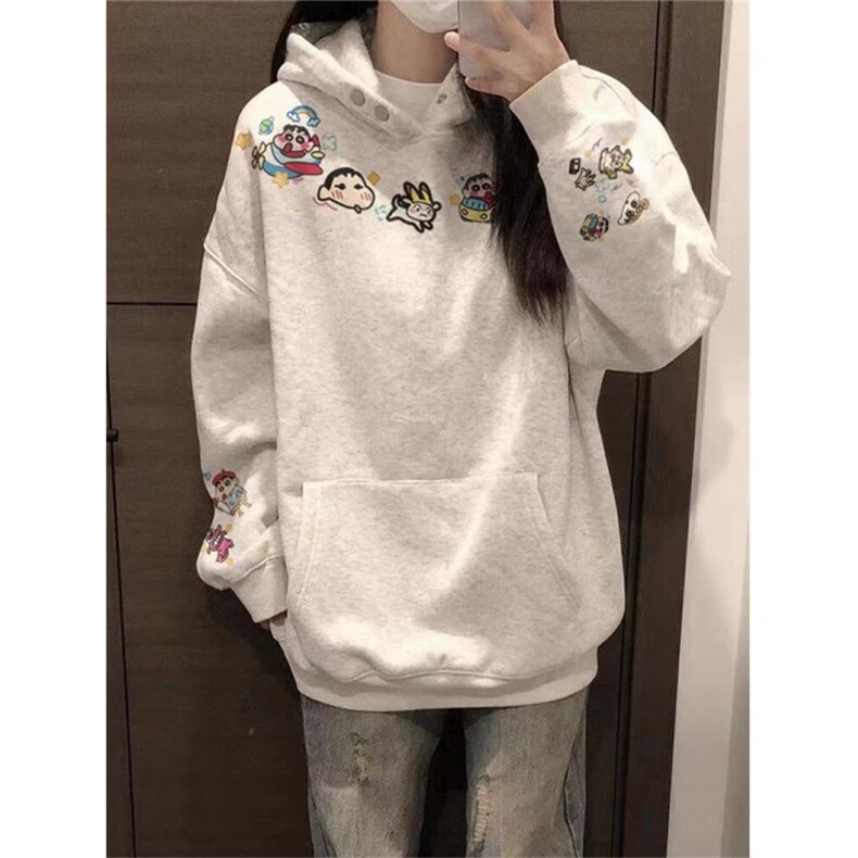 趣味蜡笔小新刺绣纽扣连帽卫衣女秋冬2025新款休闲宽松高级感上衣,男装卫衣,星座506A