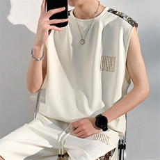 夏季背心潮男士上衣菠萝格体恤无袖T恤男刺绣拼接A266-BX022-P18，男装背心/马甲，电商A266