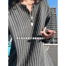 美式高街千鸟格子长袖T恤男女亨利V领英伦雅痞休闲宽松长袖打底衫，男装T恤，电商A486