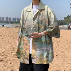日系五分袖春夏季新款衬衫潮流慵懒男方领宽松型衬衫C283P40，男装衬衫，星座1116-2