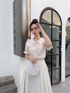 清纯花叶领格子短T搭配花叶边七分半裙,女装半身裙,知否