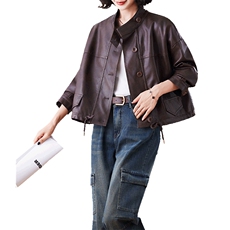 现货时尚设计感抽绳短外套女2024秋装新款今年流行小个子皮衣夹克，女装皮衣，美拉德工厂直营店