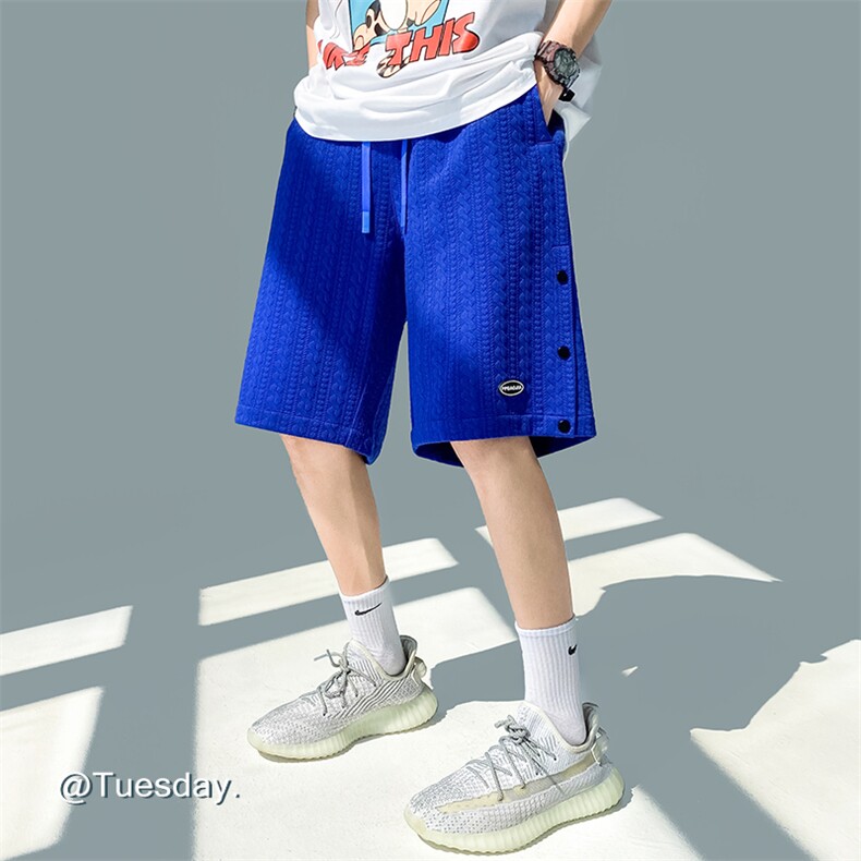 2023夏克莱因蓝无影墙贴标华夫格排扣开叉男五分短裤DK28626-P45,男装休闲裤,电商A082