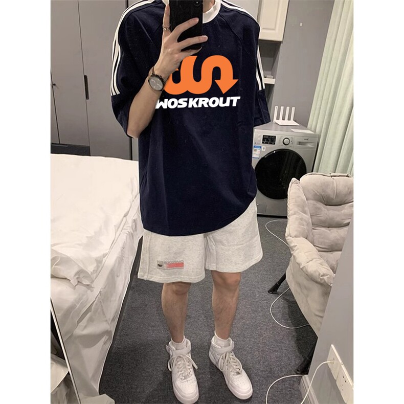 夏季美式高街重磅纯棉三条杠织带撞色男女短袖T恤ZD309-特P30图片