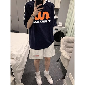 夏季美式高街重磅纯棉三条杠织带撞色男女短袖T恤ZD309-特P30图片