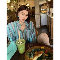条纹撞色防晒衬衫女夏季宽松bf慵懒风盐系开衫衬衣外套CA129，男装防晒衣，星座1116A（原606A-3）
