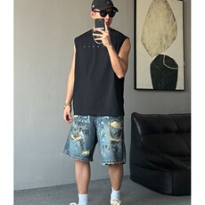 美式潮流手绘涂鸦印花破洞牛仔短裤男夏季新款时尚宽松五分牛仔裤，男装牛仔裤，星座506A