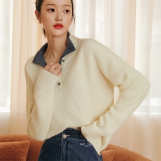 通勤时尚潮流2025年春季100&羊毛拉毛假两件半开领羊毛衫女，女装羊毛衫，雅之冉羊绒