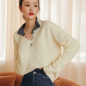 通勤时尚潮流2025年春季100&羊毛拉毛假两件半开领羊毛衫女图片