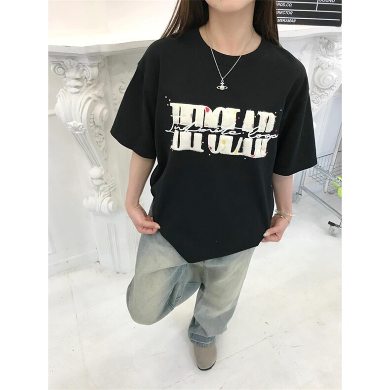 网图有货夏季260g情侣彩色波点字母刺绣短袖宽松T恤男女A593-P40,男装T恤,星座1505