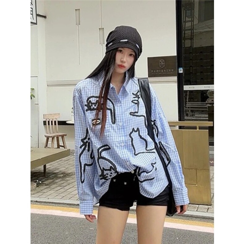 网图蓝色格子长袖衬衫女秋季新款小众宽松猫咪印花上衣B04-特P45,男装衬衫,星座910-1