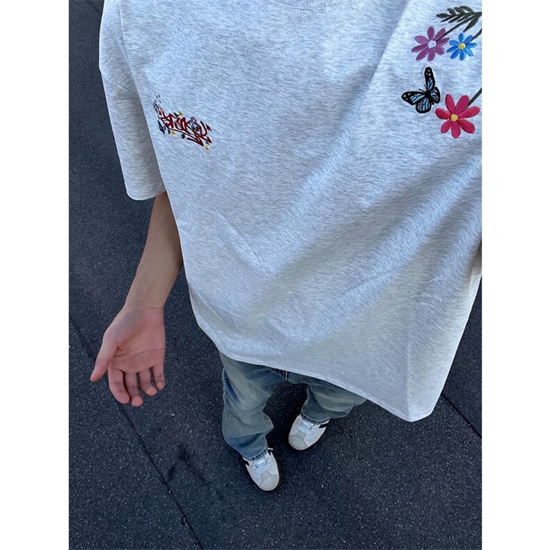 网图有货夏季美式连肩花体刺绣短袖T恤男女情侣宽松上衣A502-P35,男装T恤,星座1505